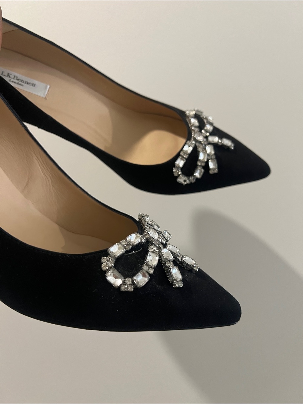 LK Bennett Black Suede Pointed Toe Pumps with Crystal Bow